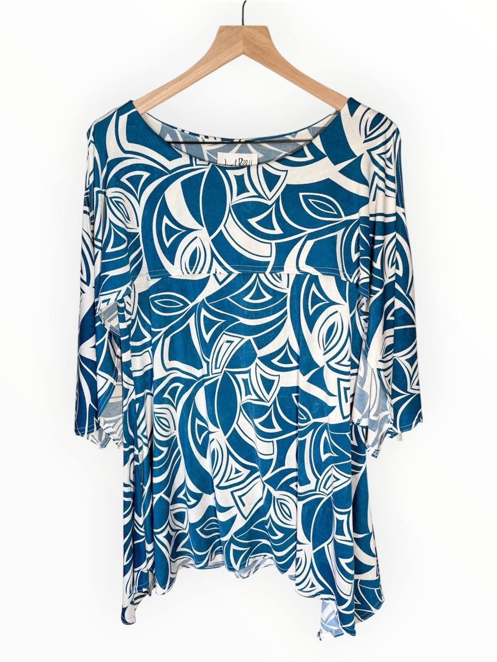 Joseph Ribkoff Tunic Top Size 8 Jersey Stretch Blue White Cold Shoulder Tropical